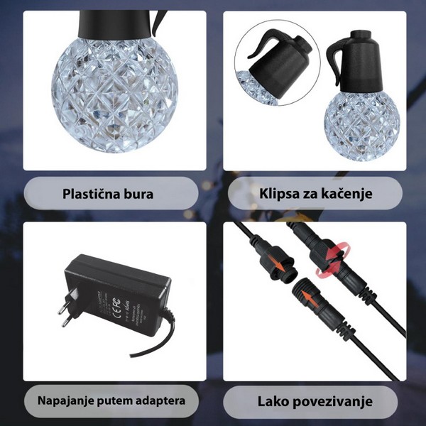 LED SVETLEĆI NIZ 15m 20xLED WW SIJALICA DC24V IP65